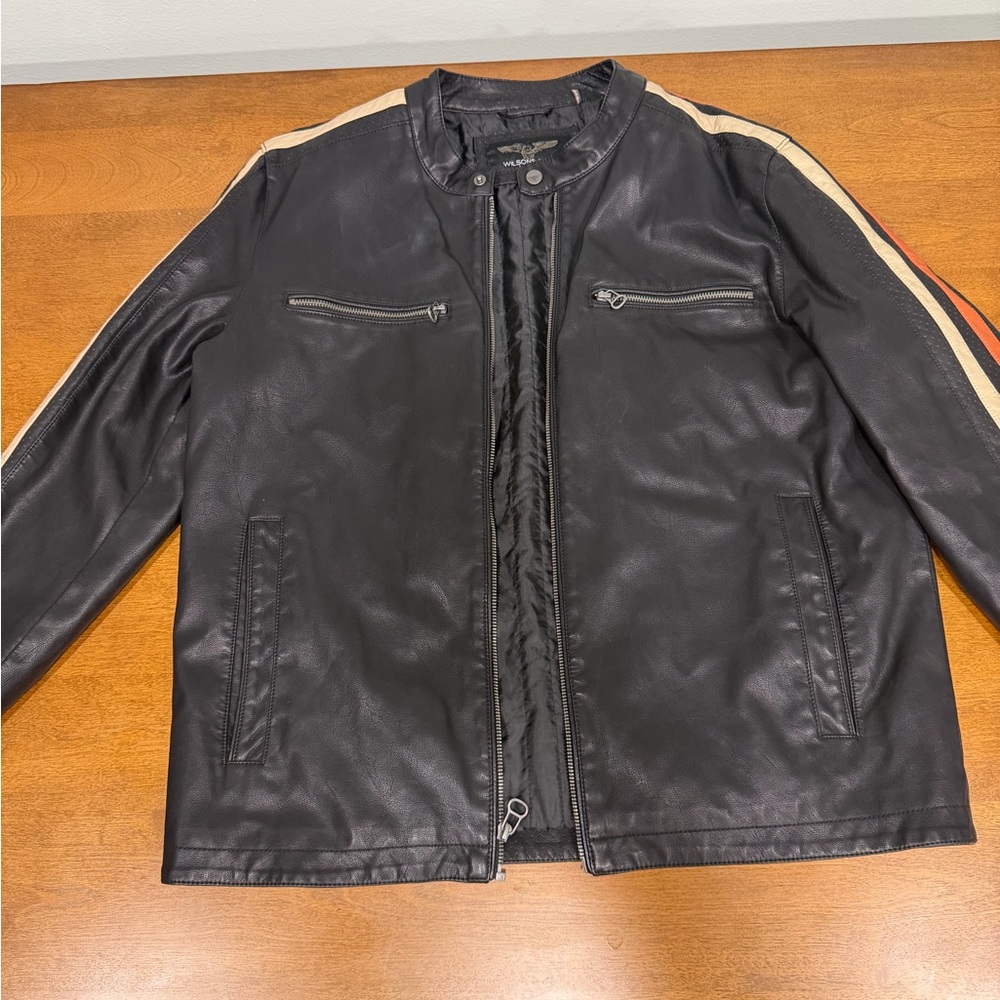 Men's Black Leather Bomber Jacket with Red and Tan Stripes